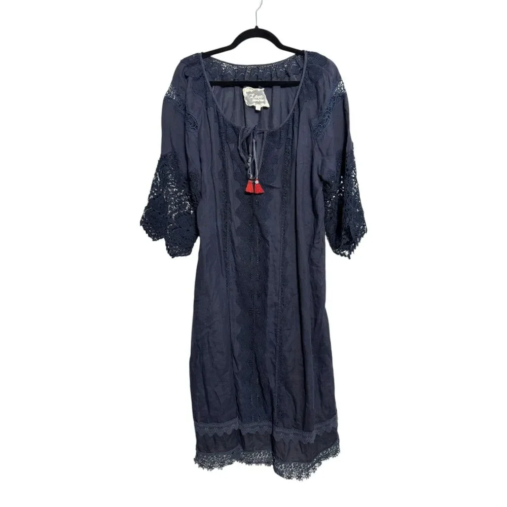 Love Johnny Was 100% Linen Navy Blue Floral Lace Eyelet Cover Up Size Large - Picture 1 of 3